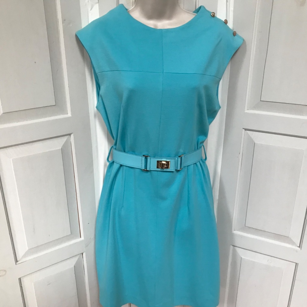 Tyler Boe Sleeveless Turquoise Belted Dress - Picture 3 of 15